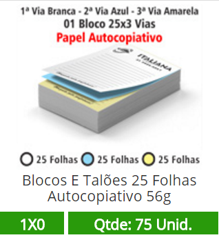 01 Bloco 15x21 de 75 Folhas Autocopiativas 56g em 3 Vias