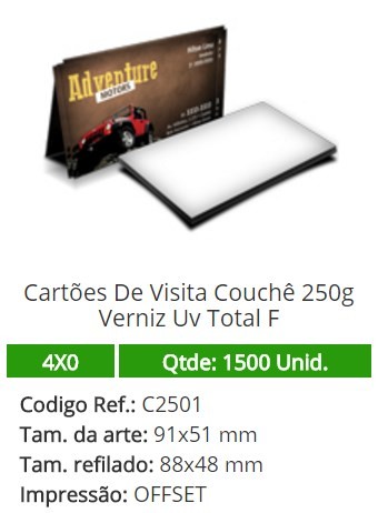 1500 Cartões De Visita Couchê 250g Verniz Uv Total F