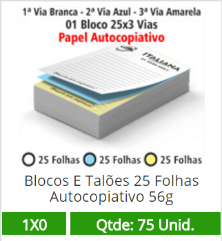 01 Bloco 21x30 de 75 Folhas Autocopiativas 56g em 3 Vias