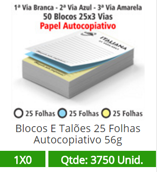 50 Blocos 21x30 de 75 Folhas Autocopiativas 56g em 3 Vias