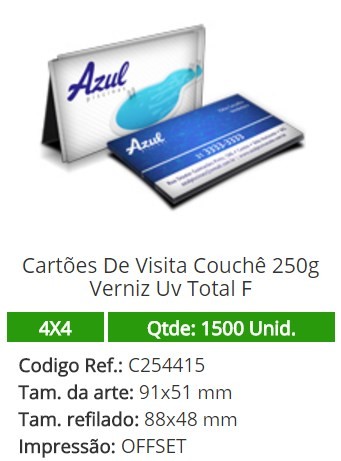 1500Cartões De Visita Couchê 250g Verniz Uv Total F