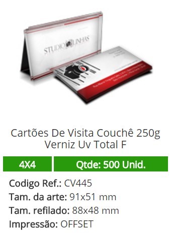 500 Cartões De Visita Couchê 250g Verniz Uv Total F