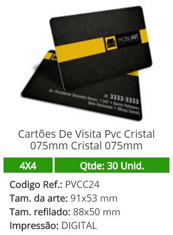 30 Cartões De Visita Pvc Cristal 075mm Cristal 075mm