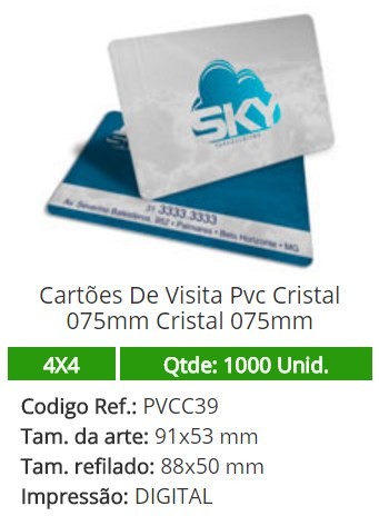 1000 Cartões De Visita Pvc Cristal 075mm Cristal 075mm