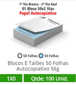 01 Bloco 15x21 de 100 Folhas Autocopiativas 56g em 2 Vias