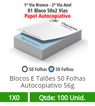 01 Bloco 21x30 de 100 Folhas Autocopiativas 56g em 2 Vias