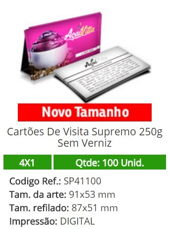 100 Cartões De Visita Supremo 250g Sem Verniz